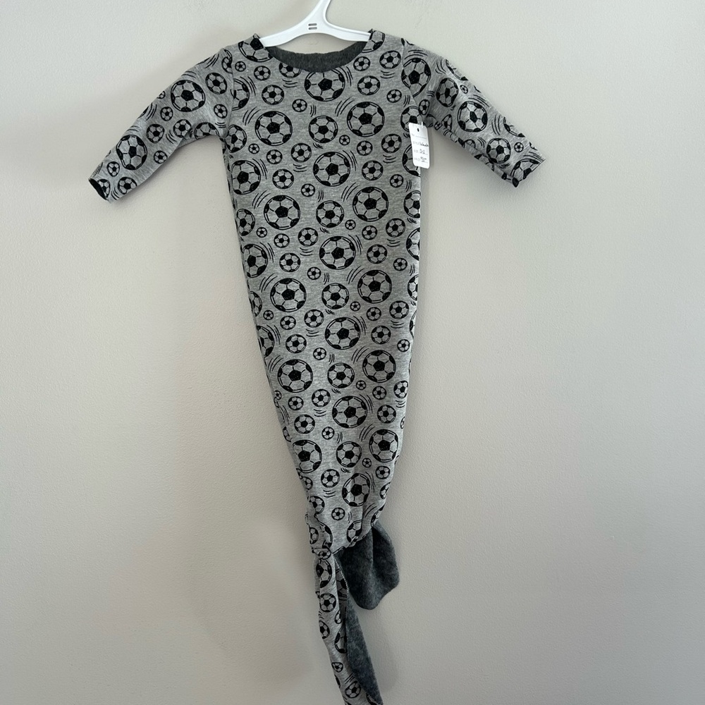 NEW Handmade 0/6m grey Soccer fleece knot gown